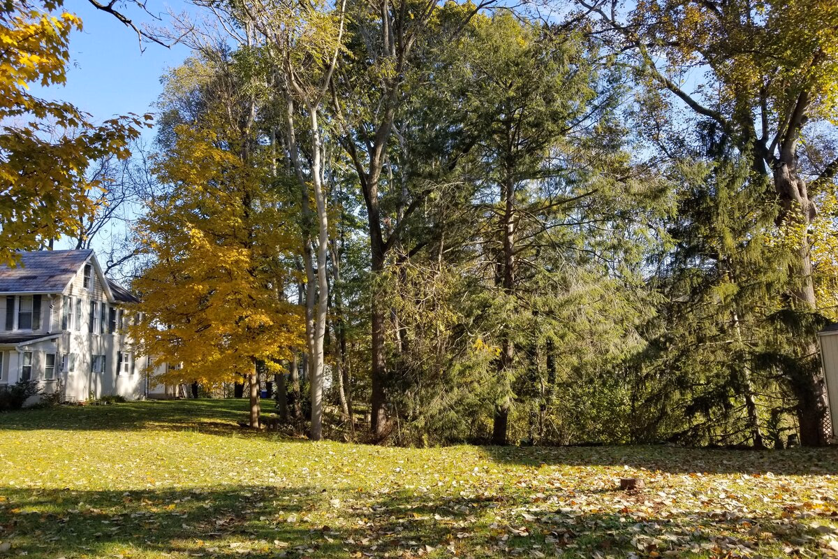 Historic home and autumn grounds around a SILK Homes property