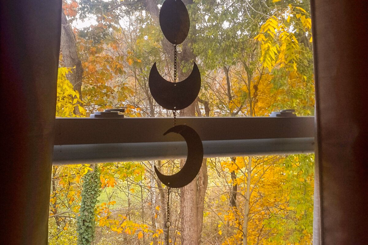 Autumn leaves and filtered light through a cottage window