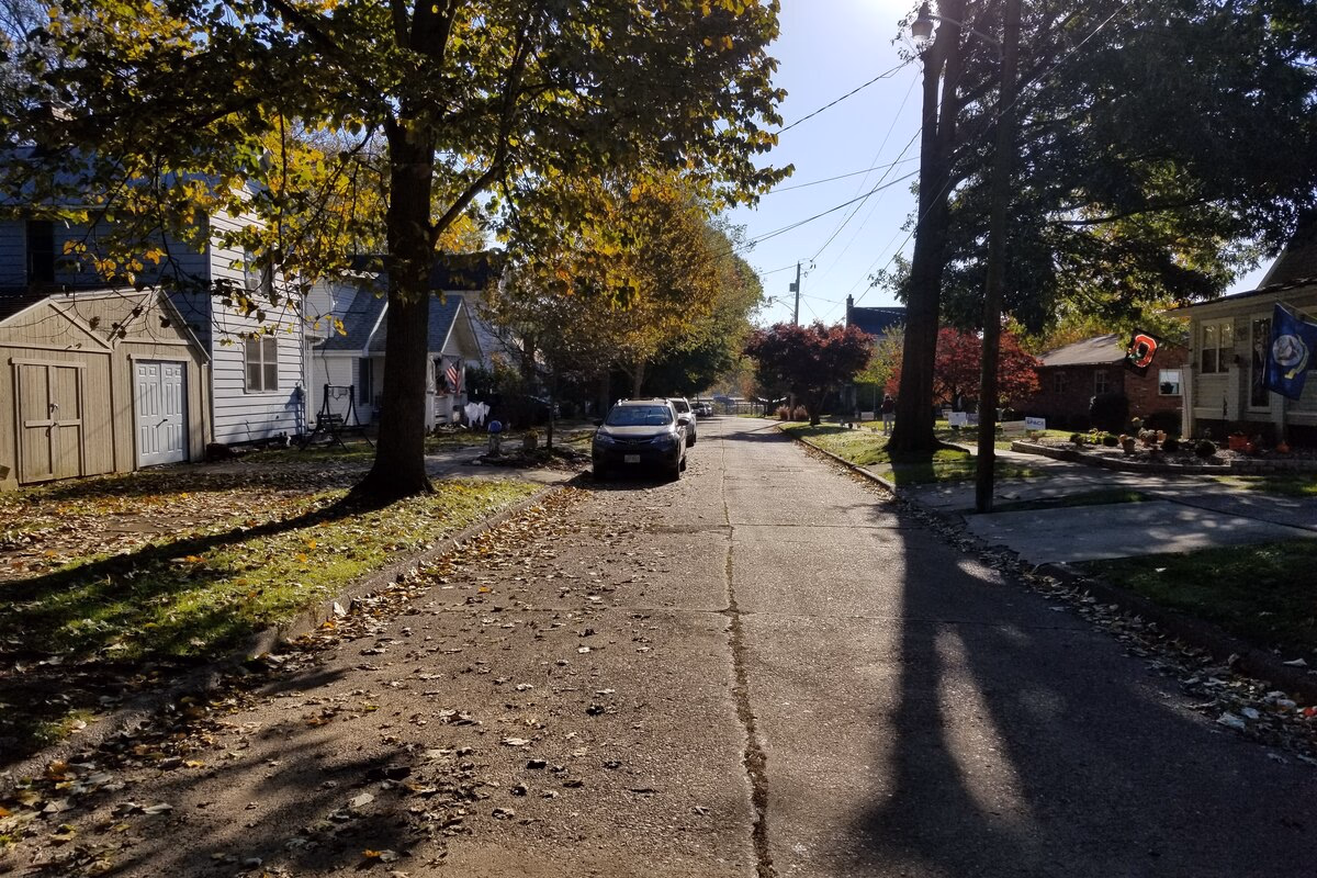 Walkable river-town street in the Mid-Ohio Valley region